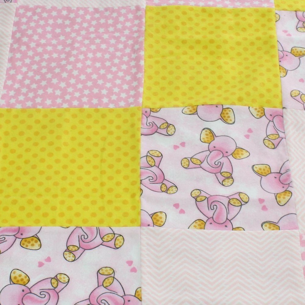COPY - Homemade pink baby elephant zig zag strars yellow dots receiving blanket.